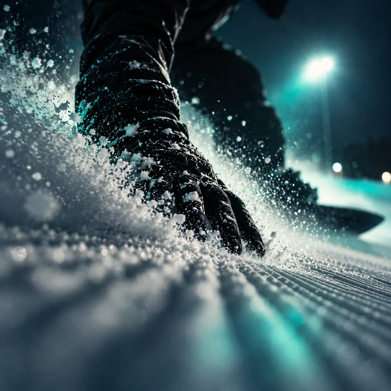 Dłoń w rękawicy sunąca po śniegu w skręcie na snowboardzie nocą — ilustracja